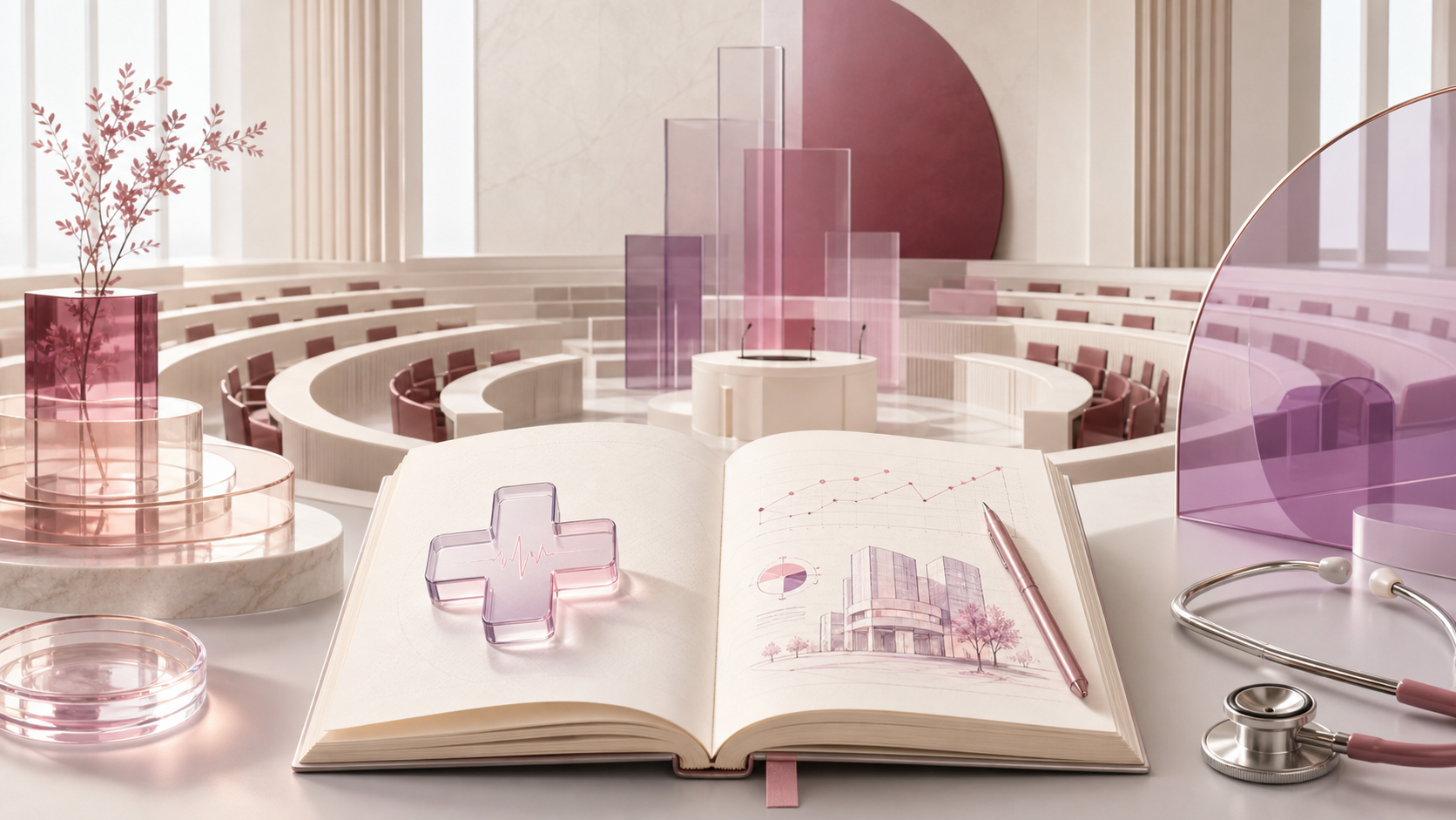 Ilustracja programu Liderki w Parlamencie łącząca parlament, biznesplan i medtech